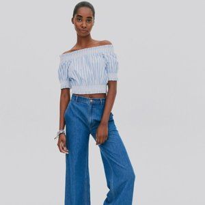 J. Crew Striped Off the Shoulder Cotton Crop Top Blue Medium
